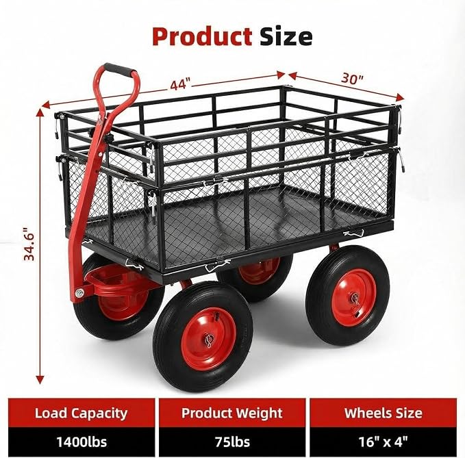 GarveeTech Heavy-Duty Metal Wagon Dump, 1440lbs Steel Garden Dump Cart, with Removable Mesh Sides, 2 in 1 Push and Pull 180° Rotating Handle & 16in All Terrain Wheel for Garden, Yard