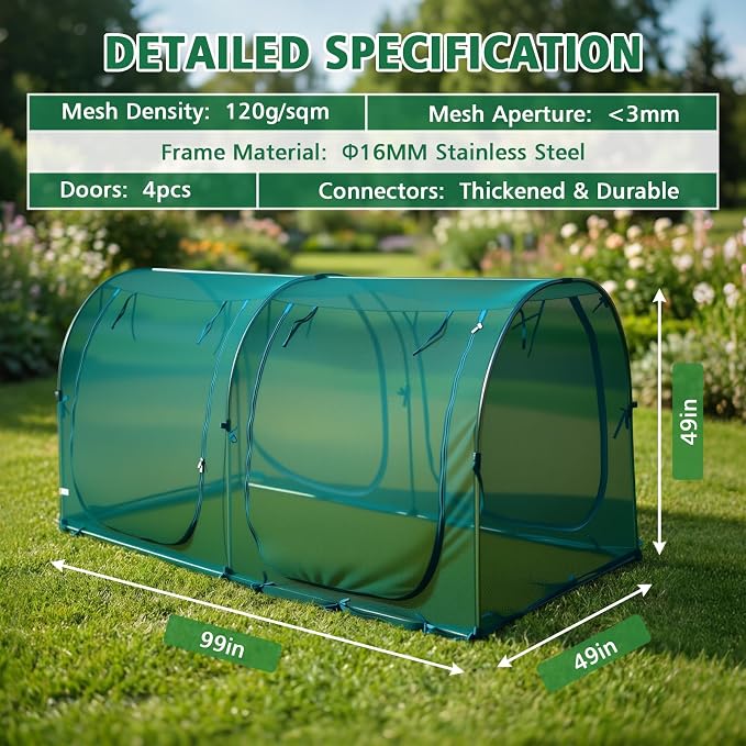 8.2'x4'x4' Crop Cage, Portable Tunnel Plant Netting Cover Tomato Netting, 4 Roll-Up Zipper Door Garden Cage, Bug Netting Cover for Vegetables & Fruits, Durable Raised Garden Bed Covers