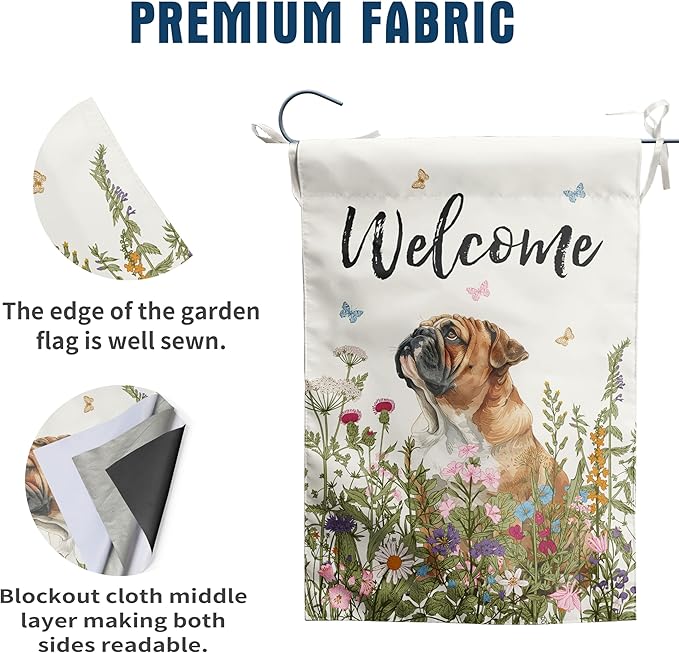Floral English Bulldog Garden Flag Spring Summer House Flags 28 x 40 Double Sided Flower Dog Yard Flags for Outside Large Outdoor Welcome Flags