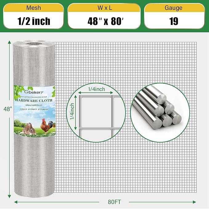 Gbekery Hardware Cloth 1/2 inch 48in x 80ft 19 Gauge, Hot-dip Galvanized After Welding Chicken Wire Fence Roll Garden Plant Welded Metal Wire Fencing Roll, Rabbit Cages Snake Fence