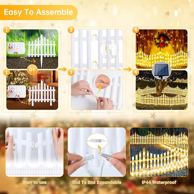 Hopolon 4 Pack Solar Garden Lights Outdoor, 11.1in (H) X 4.6ft (L) 144 Led White Picket Fence Border Solar Powered with Remote, Decorative Christmas Lights for Tree Yard Pet Barrier
