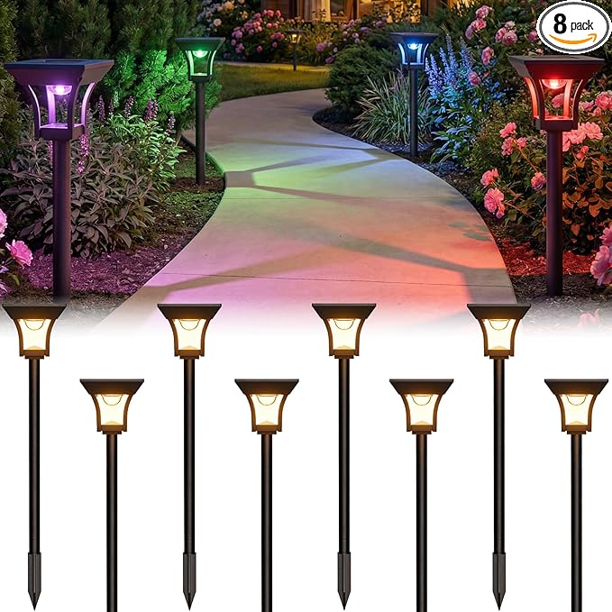 CINOTON 8 Pack RGBCW Solar Pathway Outdoor Lights, 3 Lighting Modes Solar LED Garden Lights, IP65 Waterproof Outside Solar Powered Landscape Lighting for Sidewalk Driveway Backyard RGB/Warm/Cold White