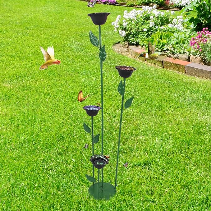 DREAMSOUL 4 Pack Bird Bath with Bee Feeder, Metal Flower Bird Baths Bee Watering Station for Garden Yard Decor (Red, Brown, Purple, Green)