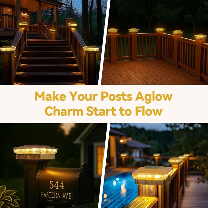 Solar Post Cap Lights, 6-Pack Upgraded Outdoor Deck Fence Post Solar Lights for 4x4 5x5 Wood/Vinyl Posts, IP65 Waterproof, 10-12 Hours Warm/Cool White Glow for Garden/Patio/Porch - Brown