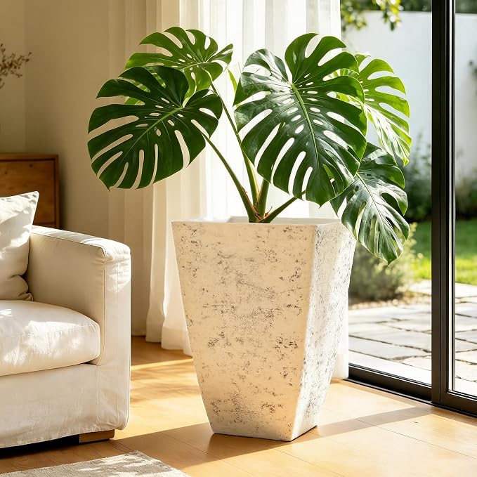 19" H Country White Square Planters for Outdoor Plants, Set of 2 Large Flower Pot with Drainage Hole, Weather-Resistant for Porch,Garden, Patio or Indoor Use