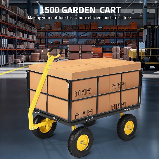 Garvee 1500 LB Garden Wagon Cart with 13 in All Terrain Tires, 3-in-1 Yard Wagon Cart with Removable Side Panels, Heavy Duty Outdoor Metal Utility Wagon Yard Trailer for Outdoor Lawn, Yard, Backyard
