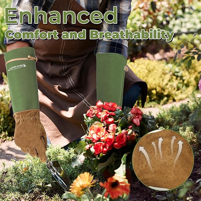 HANDLANDY Long Gardening Gloves for Men & Women, Pigskin Leather Rose Pruning Gloves, Breathable Thorn Proof Gauntlet Glove (Moss Green, L)