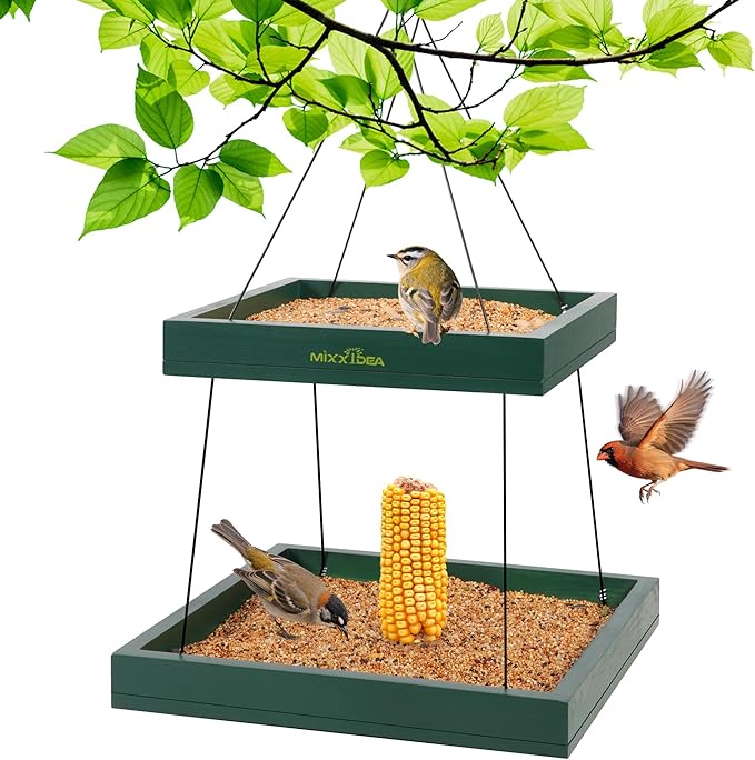 MIXXIDEA Bird Feeder Hanging Tray, 2-Tier Bird Feeders for Outdoors, Wooden Seed Tray Platform Mesh Seed Platform for Outside Garden Yard Decoration Attracting for Wild Birds (Green)