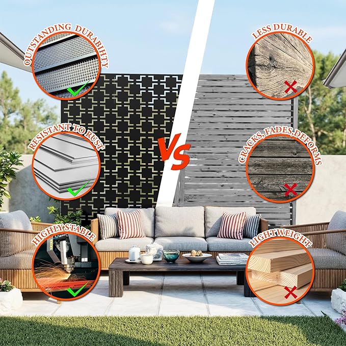 Metal Privacy Screen for Outdoor Freestanding Privacy Screens, 72" H x 47" W Decorative Wall Panels with Stand, Patio Balcony Screens for Outside Outdoor Divider Deck Porch Garden and Indoor