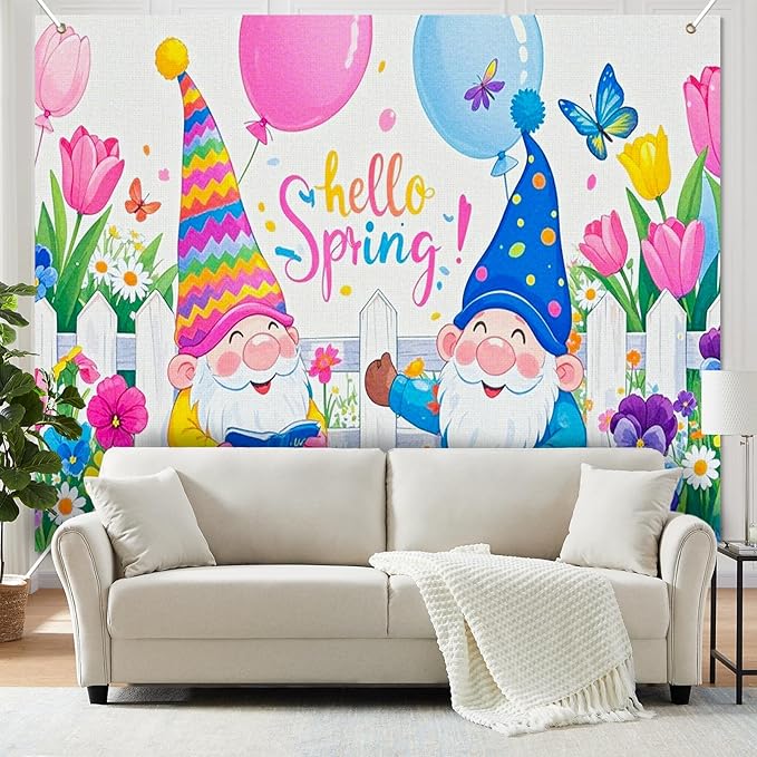 BlissYard 8x6ft Spring Gnome Garden Backdrop Hello Spring Photo Background Colorful Floral Party Banner Cute Cartoon Scene for Easter Baby Shower Birthday Classroom Event Photography Decoration