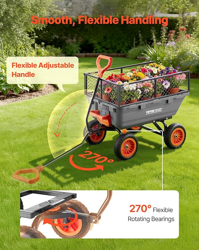 VEVOR 800LBS 7 CU.FT Poly Garden Cart Dump Wagon, Heavy Duty 4 Wheel Wheelbarrow with 10" Flat Free Tires, Yard Cart Dump Wagon with Removable Raised Sides and Quick-Release System
