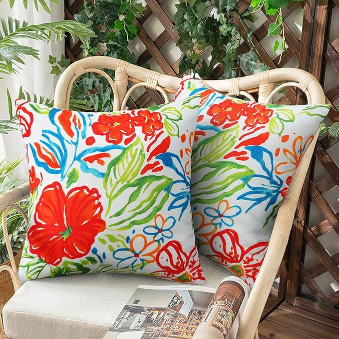 Merrycolor Pack of 2 Outdoor Waterproof Throw Pillow Covers 18x18 Floral Decorative Square Pillowcase Outdoor Pillow Covers for Patio Furniture Garden