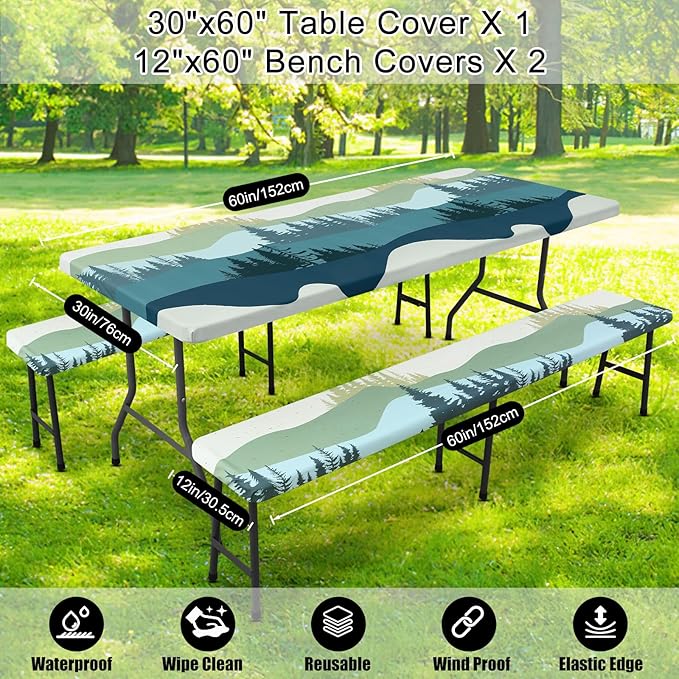 Smiry Picnic Table Cover with Bench Covers, Waterproof Elastic Fitted Tablecloth for 5 Foot Tables, Washable Polyester Tablecloths for Camping, Indoor & Outdoor (Green Blue, 30x60 Inch 3-pc Set)