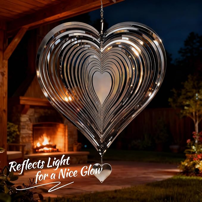 Wind Spinner Garden Decor, for Women, Gifts for Grandma and Mom, 3D Heart 12-Inch Stainless Steel Hanging Yard Spinner for Outdoor & Indoor Metal Decoration, 1 Pack
