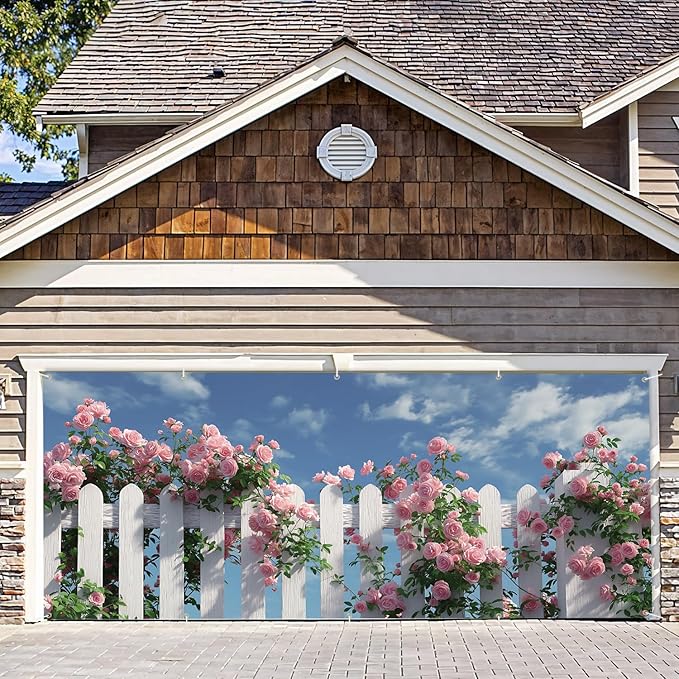 7 * 16FT Summer Garage Door Cover Decorations Sunset Palm Trees Garage Door Banner for Outdoor Indoor Summer Party Photography Backdrop (Rose garden fence, 7 * 16 ft)