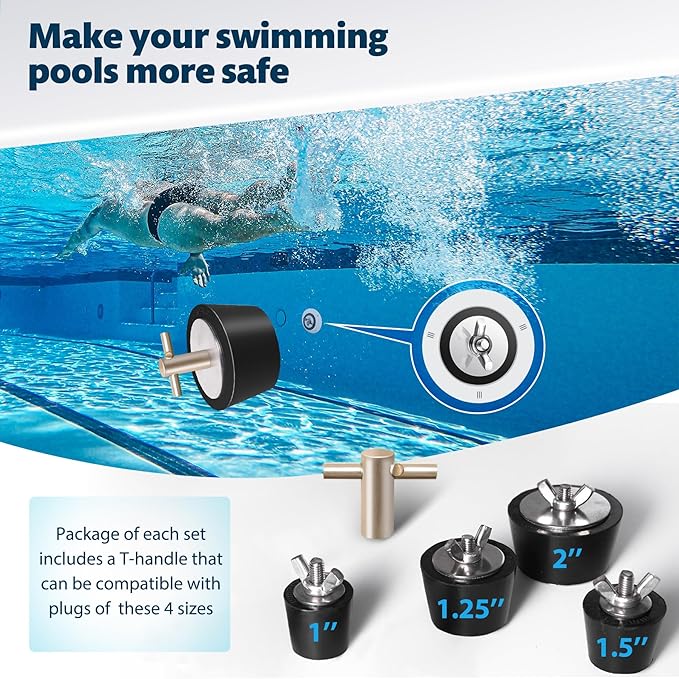 2 Pack Rubber Pool Winter Plugs with One T-Handle 1.25"– 1.5" Pool Winterizing Plugs with Stainless Steel Screws Pool Return Jet Plug for Inground & Above Ground Pools