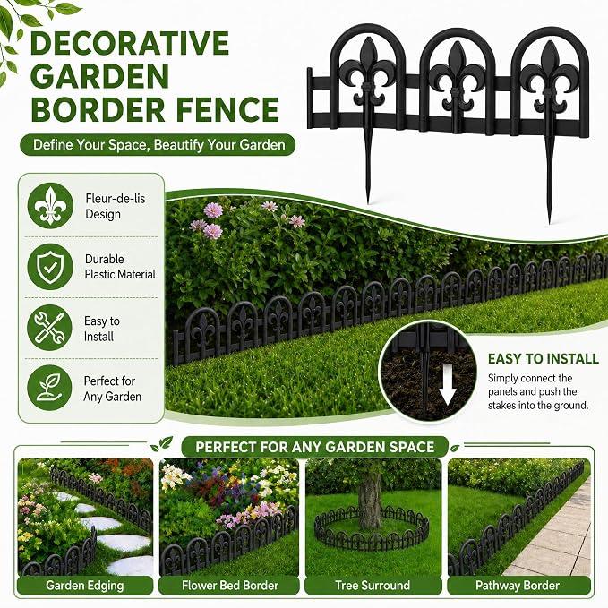 Evelyne Black Garden Border Plastic Edging – PP Plastic, Metal-Free Wrought Iron Look Design, 15pcs Black Yard Landscaping Fence Liner Lawn Edge Barrier, 20ft Kit of Decorative Lawn Landscape Panels