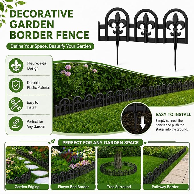 Evelyne Black Garden Border Plastic Edging – PP Plastic, Metal-Free Wrought Iron Look Design, 27pcs Black Yard Landscaping Fence Liner Lawn Edge Barrier, 35ft Kit of Decorative Lawn Landscape Panels
