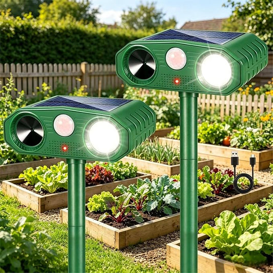 2 Pack Solar Animal Repellent Ultrasonic Outdoor for Cats Squirrels Racoons Rabbits Foxs Dogs Skunks,Sonic Fortress Pro Deer Repellent Devices Flashing Light Motion Sensor Animal Deterrent for Garden