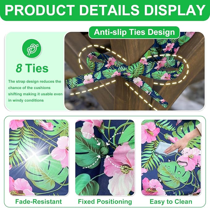 Porch Swing Cushions 70 inch Waterproof & Fade Resistant Thicken 5" Outdoor Swing Cushions 3 Seater Replacement with Backrest & Ties Patio Swing Cushions for Outdoor Furniture (Green Leaves)