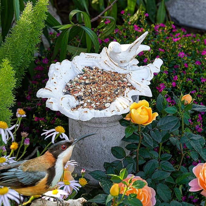 Sungmor Cast Iron Bird Feeder Dish, Rustic White Small Bird Feeding Tray, Decorative Leaf-Shaped Outdoor Bath Bowl Food Container for Garden, Patio or Yard
