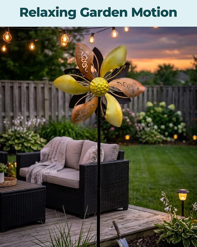 Metal Wind Spinner for Yard, Double-Sided Kinetic Garden Spinner, 37" H Outdoor Yard Decor with 5-Prong Ground Stake, Weather-Resistant Lawn Ornament