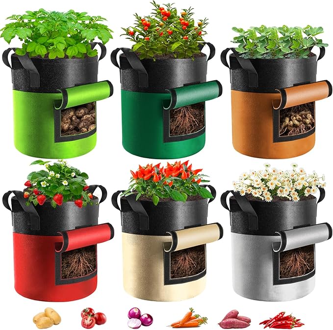 6 Pack Potato Grow Bags with Flap, 15 Gallon Grow Bags for Growing Potatoes, Colorful Durable Fabric Garden Planter Pots with Harvest Window for Tomatoes Vegetables Fruit Flowers Herbs