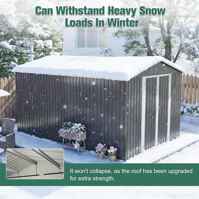 KEIKI Storage Shed 12x8 FT, Large Metal Tool Shed for Outdoor Storage, Galvanized Steel Garden Shed with Lockable Doors for Patio, Backyard, Lawn, Grey