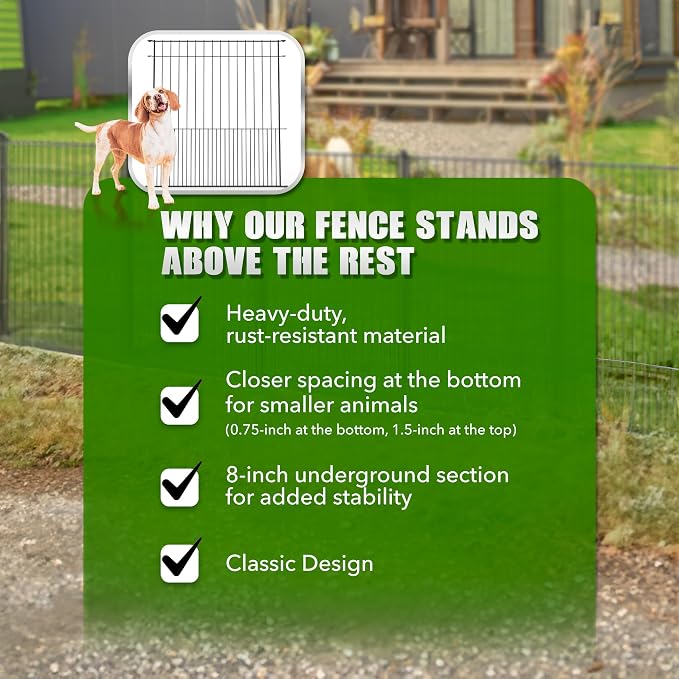 WESLEY'S CORNER Tall Fence Panels - 32”H x 29”L, No Dig Metal Dog Fence, Heavy Duty Garden Border & Animal Barrier, Rustproof, Decorative Fencing for Backyards, Frontyards, Outdoors and Edging