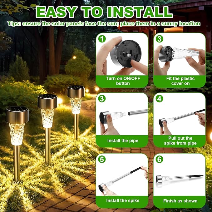 Huquary 50 Pcs Solar Lights Outdoor Waterproof Bulk LED Stainless Steel Solar Outdoor Pathway Garden Landscape Path Lights for Pathway Lawn Porch Garden Walkway Driveway Outside Decor (Warm White)