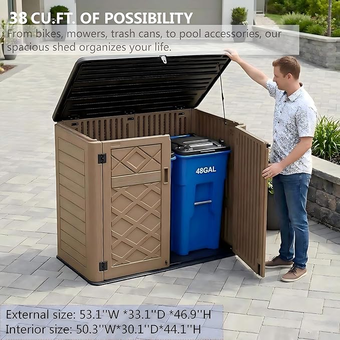 38 Cu. Ft Horizontal Resin Storage Shed, Outdoor Storage Cabinet, Weatherproof, Easy to Assemble, Outdoor Storage Box for Backyards/Patios/Garden, No Shelf (Brown)