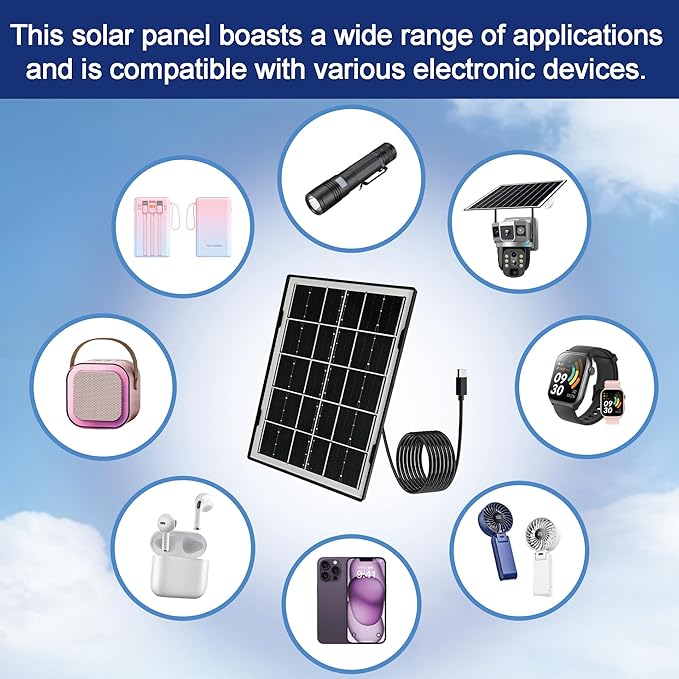 Eco-friendly 4.5W 5V Monocrystalline Solar Panel, Type-C Interface, IP66 Waterproof, 6.5-foot Cable, High Conversion Rate, Compatible with Various Electronic Devices