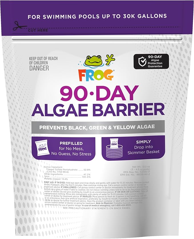 FROG 90-Day Algae Barrier - Dry Formula Algaecide Prevents Black, Green and Yellow Algae for Pools up to 30,000 Gallons - Pool Maintenance & Algae Prevention - 3 Pods