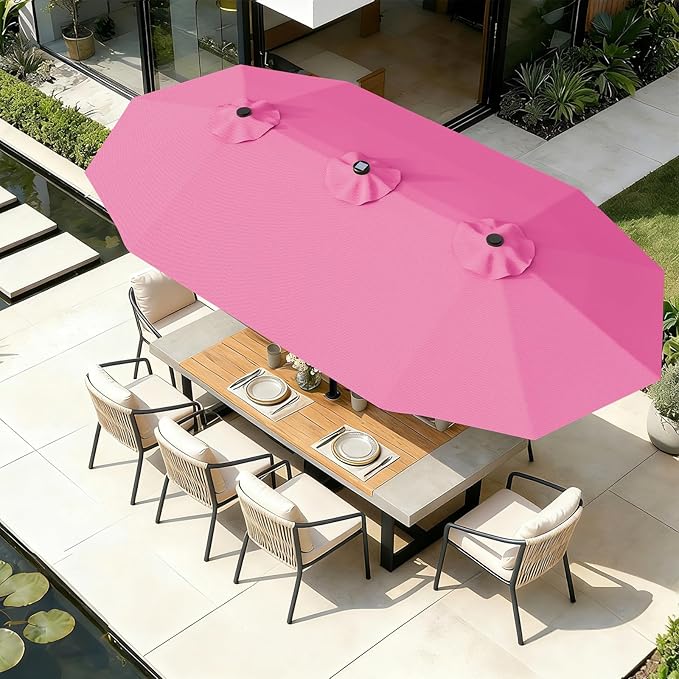 AreShark 13 FT Patio Umbrella with Solar Lights, Double-Sided Outdoor Table Umbrellas with Crank, Large Rectangular Market Umbrella for Porch, Lawn, Pool, Backyard, Rose Pink