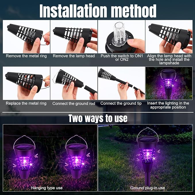 Qualirey 4 Pack Solar Bug Zapper & Mosquito Killer Outdoor Waterproof Cone-Shaped LED Light Mosquito Repellent for Patio, Garden, Yard, Camping - Hanging/Insertion Design (Flame & Purple Light)