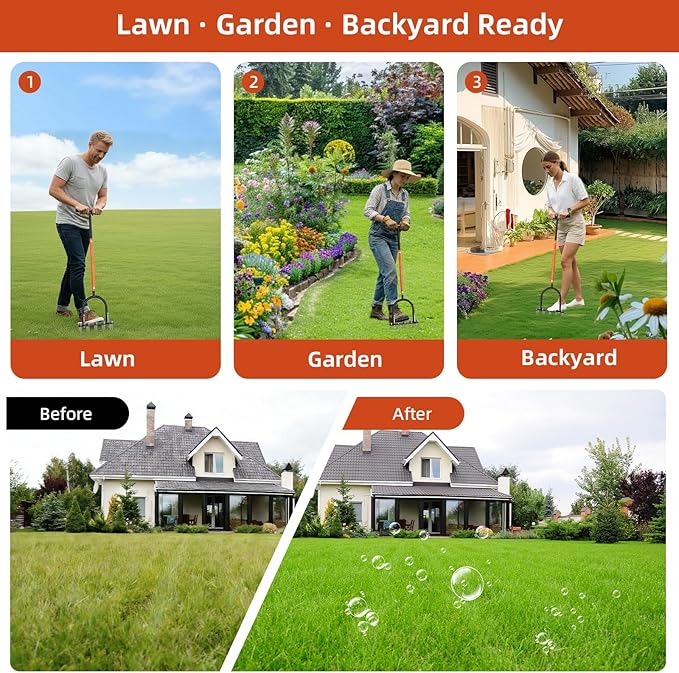 GAINO Manual Lawn Aerator Tool with 15 Spikes, 32"-35" Adjustable T-Handle Aerator for Lawn, Automatic Dirt Ejection Design, Heavy Duty Yard Grass Aerator for Soil Compaction, Black & Orange