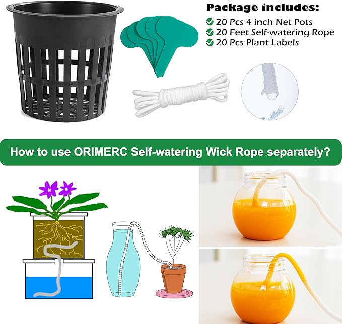 ORIMERC 4 inch Net Pots, 20 Pack Net Cups with 20 feet Self-Watering Rope&Plant Labels, for Hydroponic Aquaponics Kratky Orchid Vegetable Indoor Outdoor Growing Baskets Nursery Slotted Mesh BPA Free