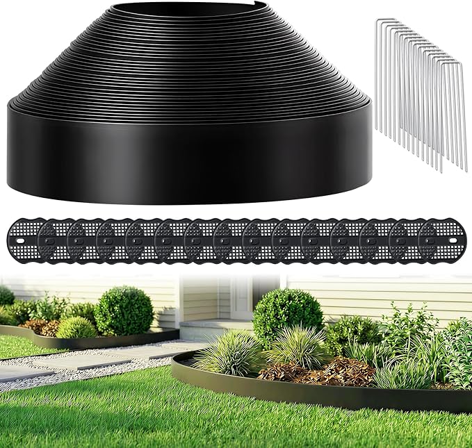 GOTGELIF Landscape Edging Border Kit No Dig, 3'' x 100FT, Black Garden Edging with 110 U-Shaped Nails for Lawn, Flower Beds, and Yard Borders