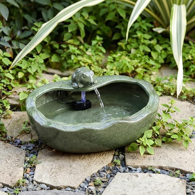 Ceramic Solar Water Fountain Outdoor – 11" Glazed Frog Solar Garden Fountain, Solar Powered Fountain for Garden, Patio, Yard, Tabletop
