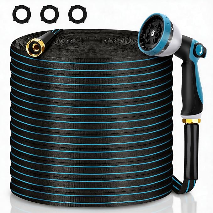 Non-Expanding Garden Hose 100FT 10-Pattern Nozzle, Lightweight Flexible Water Hose Kink-Resistant, Brass 3/4'' Fittings & Sealing Washers, for Yard Lawn Garden Car Wash Pet Bathing