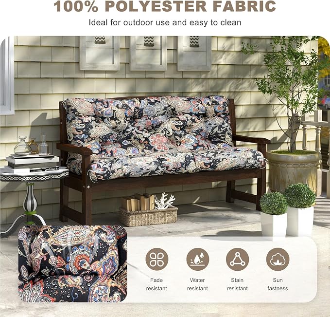 Porch Swing Cushion with Backrest,Waterproof Bench Cushion for Outdoor Furniture,2-3 Seater Replacement Thickened Swing Cushion with Ties,Patio,Outdoor,Backyard and Garden (Vintage Paisley,47x40")