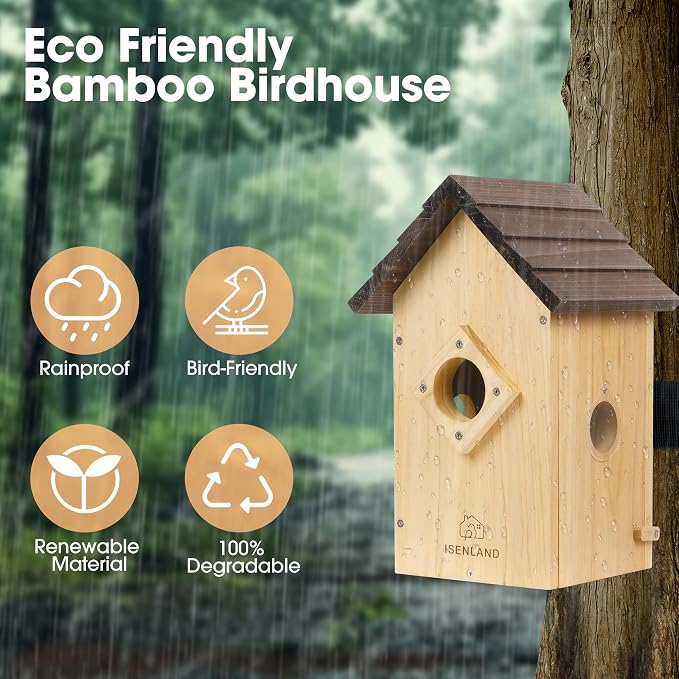 Smart Bird House with AI Identify Camera, 1080P Birdhouse for Outside with Night Vision, Birdhouse with Camera APP Control, Solar Powered Bird House, 2.4G WiFi App to Observe Bird Activities