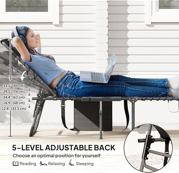 Outsunny Folding Chaise Lounge Chair Outdoor Tanning Chair with Side Table, 5-Level Adjustable Beach Lounge Chair with Headrest, Side Pocket for Patio, Backyard, Beach, Poolside, Black