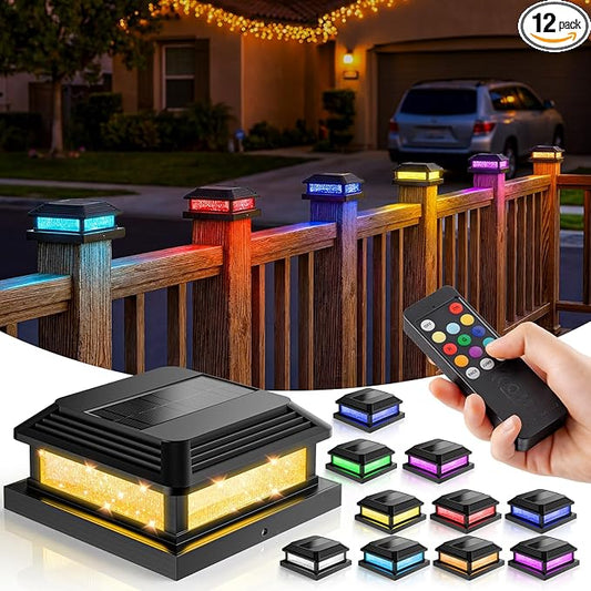 JOFIOS Solar Post Cap Lights, LED, Multi-Color, Plastic, Classic Style, Waterproof IP65, for 4/4.5/5 Inch Posts, Outdoor Patio (12, Black)