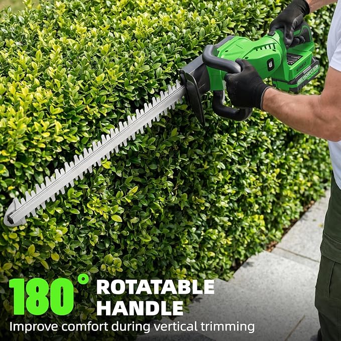 20-Inch Cordless Hedge Trimmer (Includes 2 Batteries and Charger), Electric Handheld Bush Trimmer, 180° Rotatable Handle, Grass Shrub Trimmers, Lightweight & Compact Green