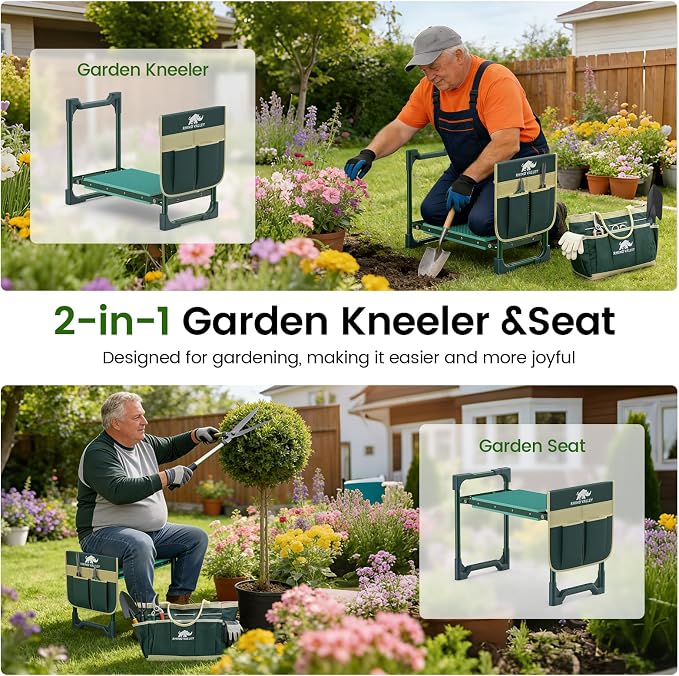 Garden Kneeler and Seat, Heavy Duty 2 in 1 Gardening Stool with Tool Side & Tote Bags, Foldable Gardening Bench to Relieve Knee & Back Pain, Garden Chair Gifts for Women, Seniors