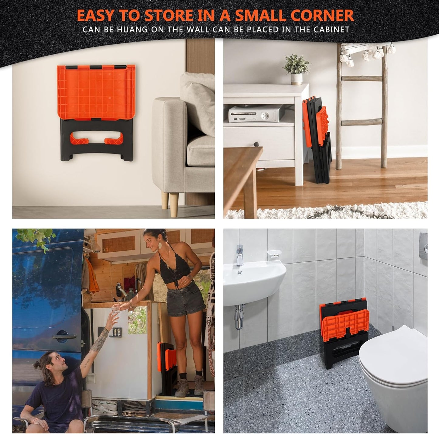 Folding 2-Step Stool, Non-Slip Portable Footstool 8" & 17" Dual Heights, Holds 250 lbs, Portable Footstool for Kitchen Home Toilet Bedroom Office Bathroom RV(Orange)