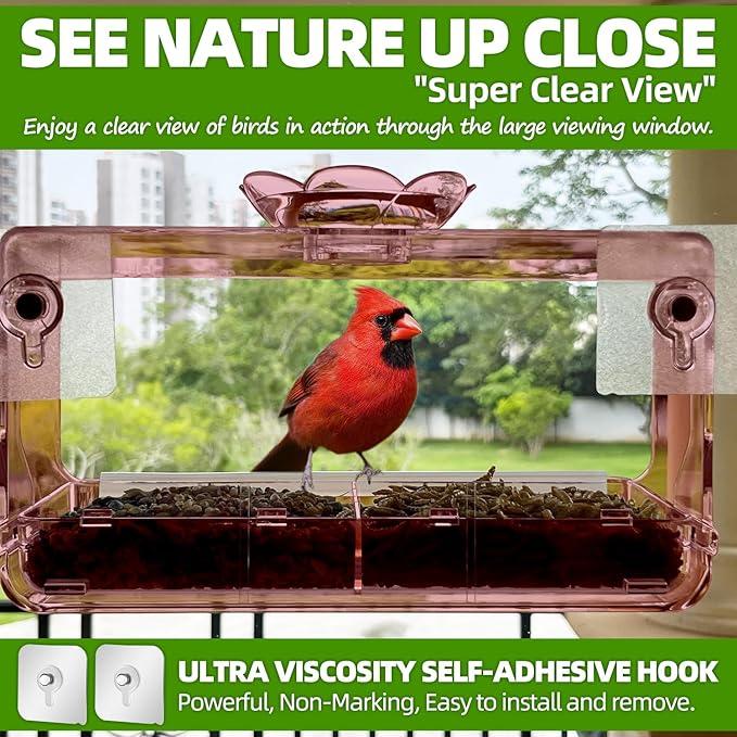 WENMIXER Window Bird Feeder with Non-Marking Self-Adhesive Hooks, Clear and Transparent, Outdoor Wild Bird Watching Gift, Garden Decor (Red)