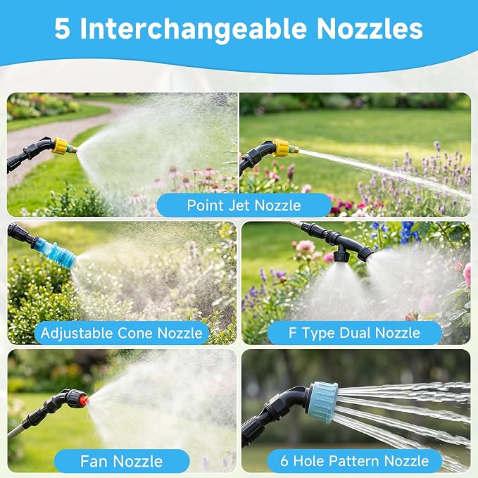 Battery Powered Garden Sprayer 2 Gallon, 7.4V Rechargeable Weed Sprayer with 3 Pressure Mode, 5 Spray Nozzles, Telescopic Wand, Battery Indicator, Adjustable Strap for Lawn Garden, Blue