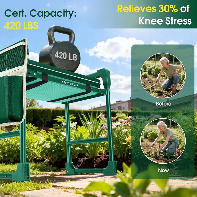 Garden Kneeler and Seat for Seniors: Heavy Duty 420 LBS Support Anti-Tip Multifunctional Gardening Stool Bench with Widened Thick Soft Kneeling Pad & Tool Bag - Foldable for Gardeners